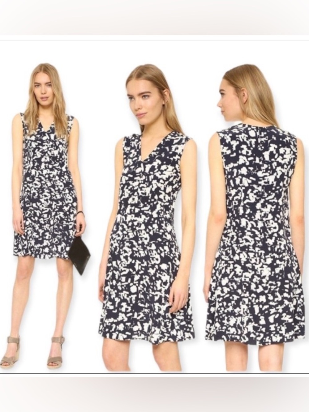 Vince Navy and White 100% Silk Sleeveless V-Neck Printed Confetti Midi Dress